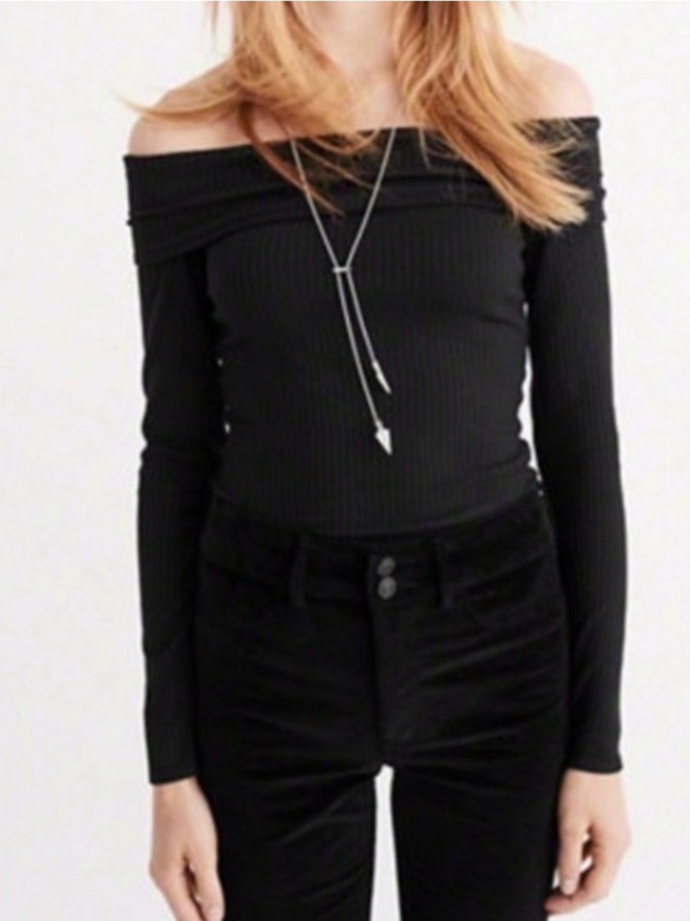 Off-Shoulder Ribbed Long-Sleeve Sweater /Top Black Abercrombie & Fitch